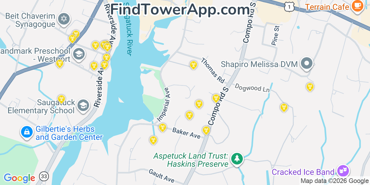 Map showing the 20 primary cell tower locations detected in Westport, Connecticut from AT&T, Verizon, and T-Mobile networks