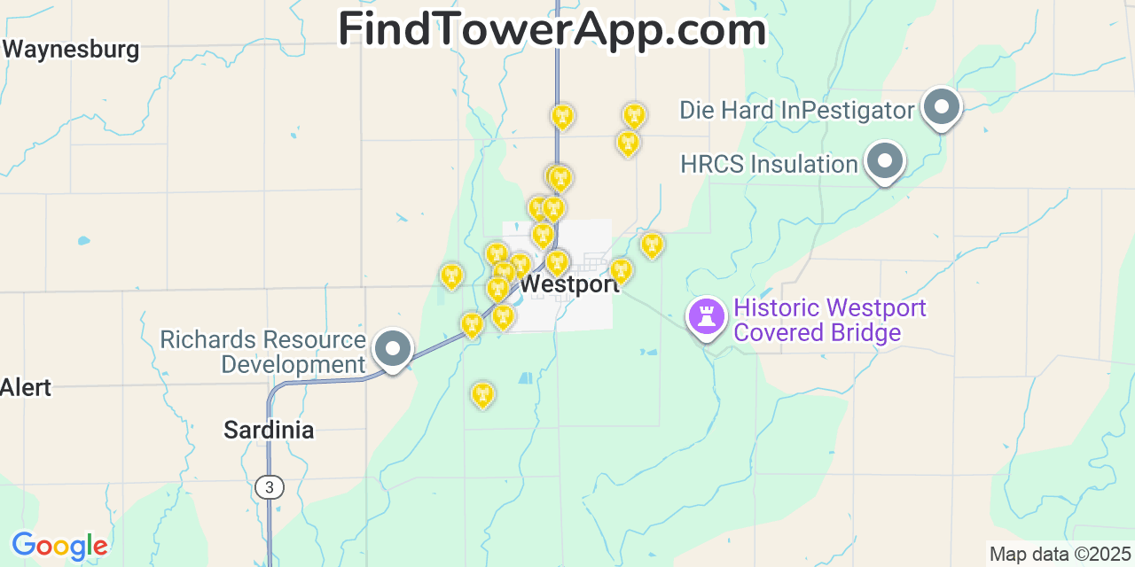 Map showing the 20 primary cell tower locations detected in Westport, Indiana from AT&T, Verizon, and T-Mobile networks