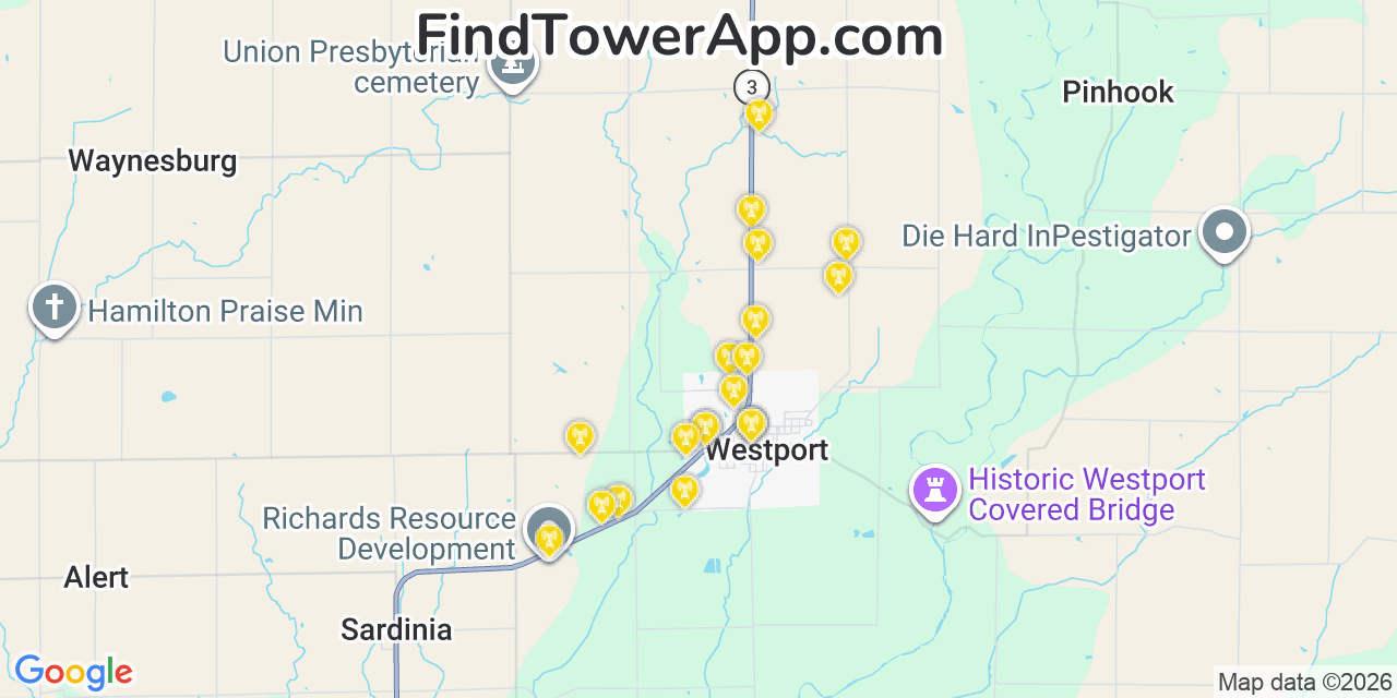 Map showing the 20 primary cell tower locations detected in Westport, Indiana from AT&T, Verizon, and T-Mobile networks