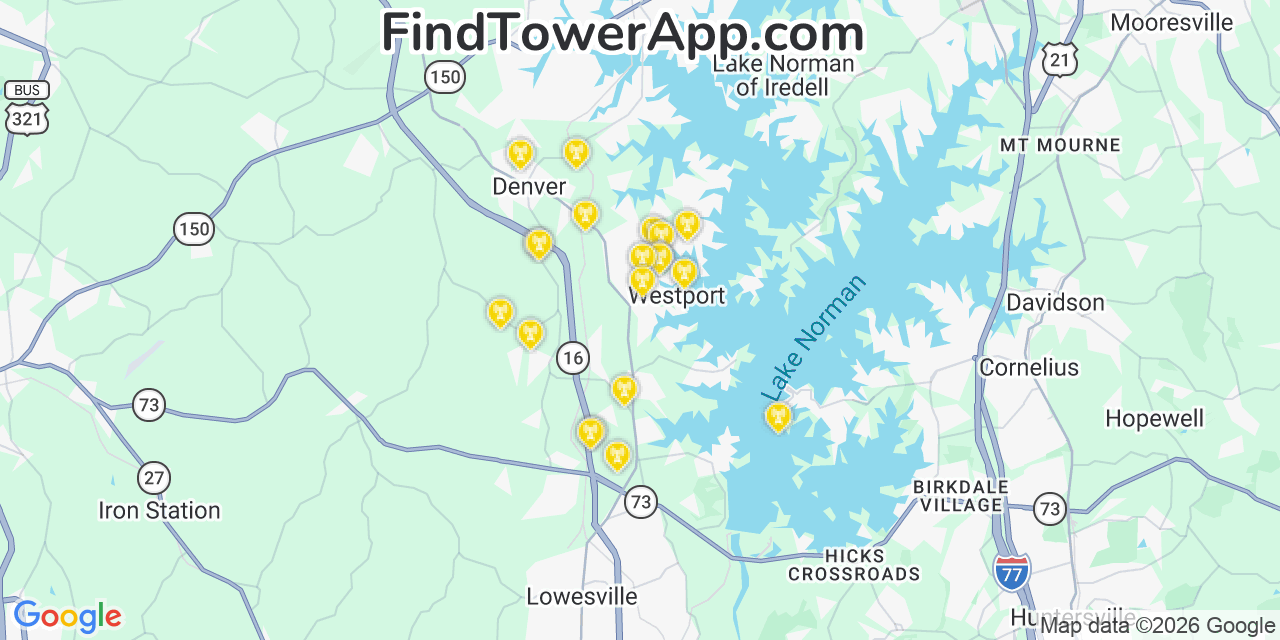Map showing the 20 primary cell tower locations detected in Westport, North Carolina from AT&T, Verizon, and T-Mobile networks
