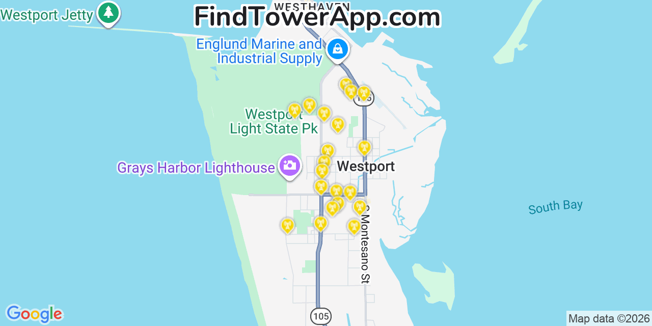 Map showing the 20 primary cell tower locations detected in Westport, Washington from AT&T, Verizon, and T-Mobile networks