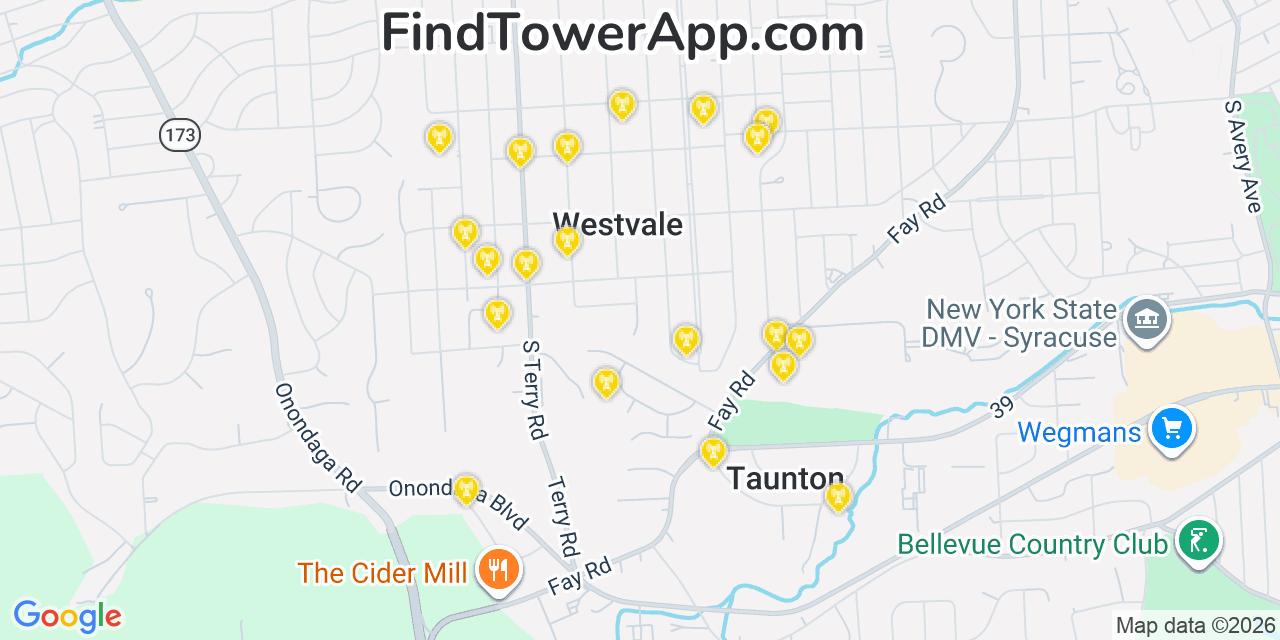 Map showing the 20 primary cell tower locations detected in Westvale, New York from AT&T, Verizon, and T-Mobile networks