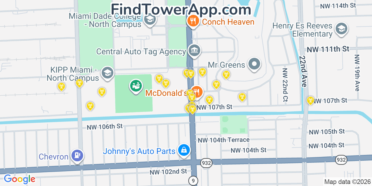 Map showing the 20 primary cell tower locations detected in Westview, Florida from AT&T, Verizon, and T-Mobile networks