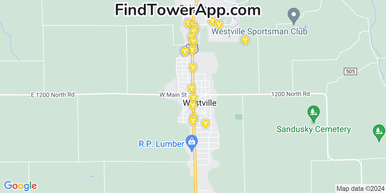 AT&T 4G/5G cell tower coverage map Westville, Illinois