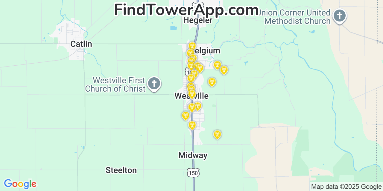 Map showing the 20 primary cell tower locations detected in Westville, Illinois from AT&T, Verizon, and T-Mobile networks