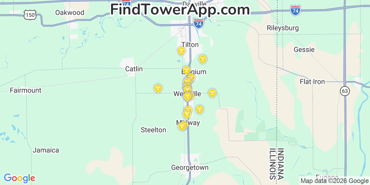 Map showing the 20 primary cell tower locations detected in Westville, Illinois from AT&T, Verizon, and T-Mobile networks