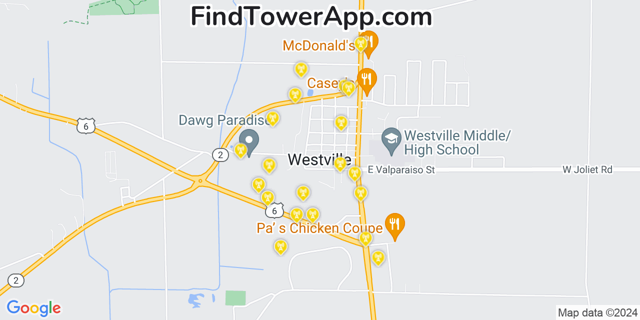 AT&T 4G/5G cell tower coverage map Westville, Indiana