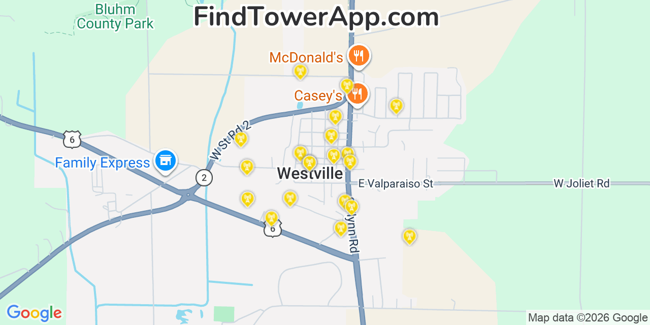 Map showing the 20 primary cell tower locations detected in Westville, Indiana from AT&T, Verizon, and T-Mobile networks
