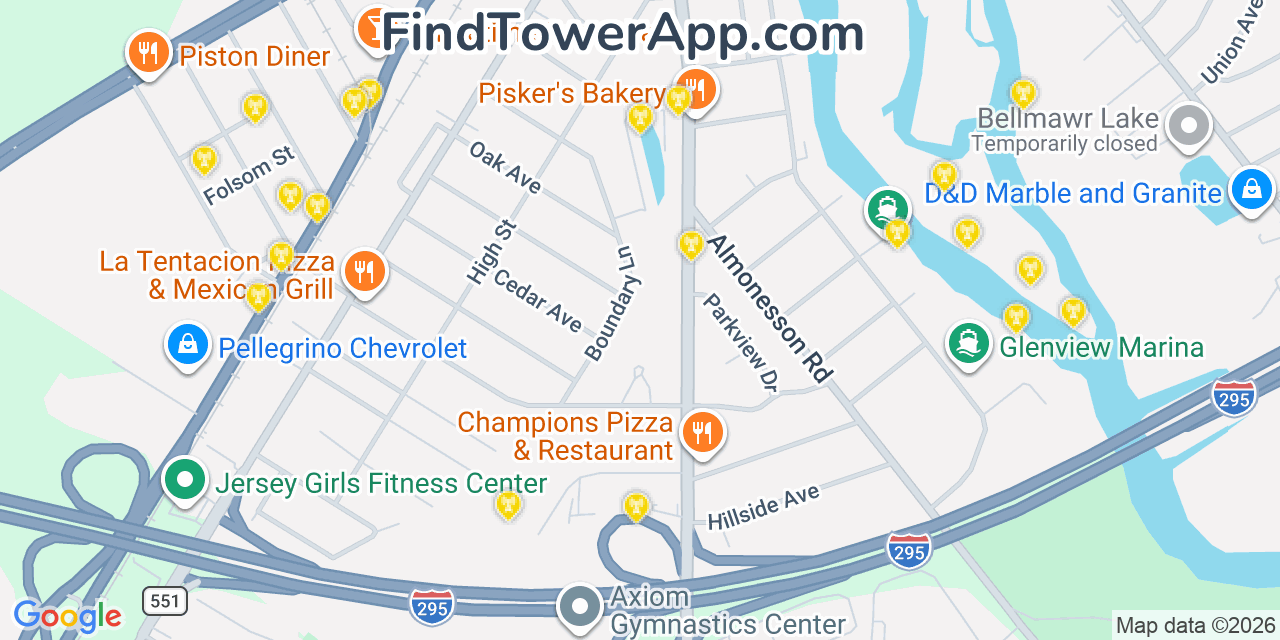 Map showing the 20 primary cell tower locations detected in Westville, New Jersey from AT&T, Verizon, and T-Mobile networks