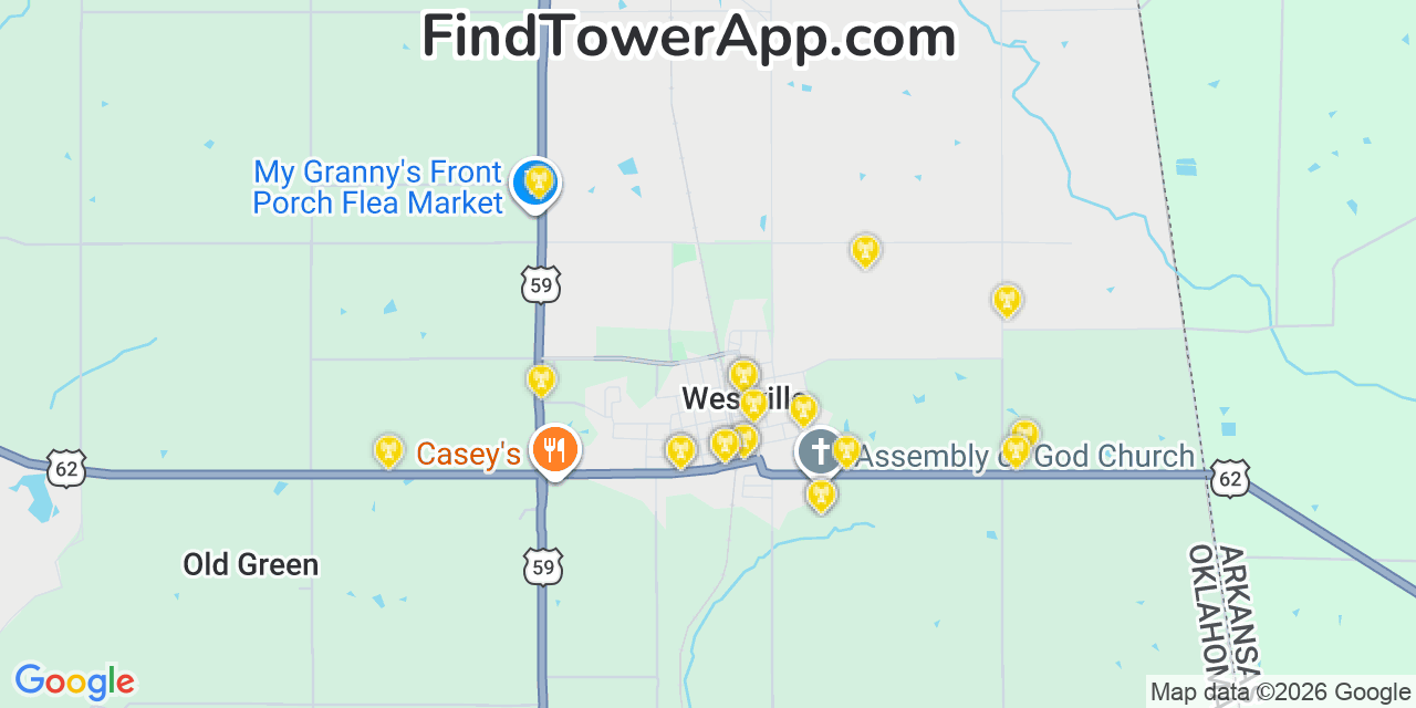 Map showing the 20 primary cell tower locations detected in Westville, Oklahoma from AT&T, Verizon, and T-Mobile networks
