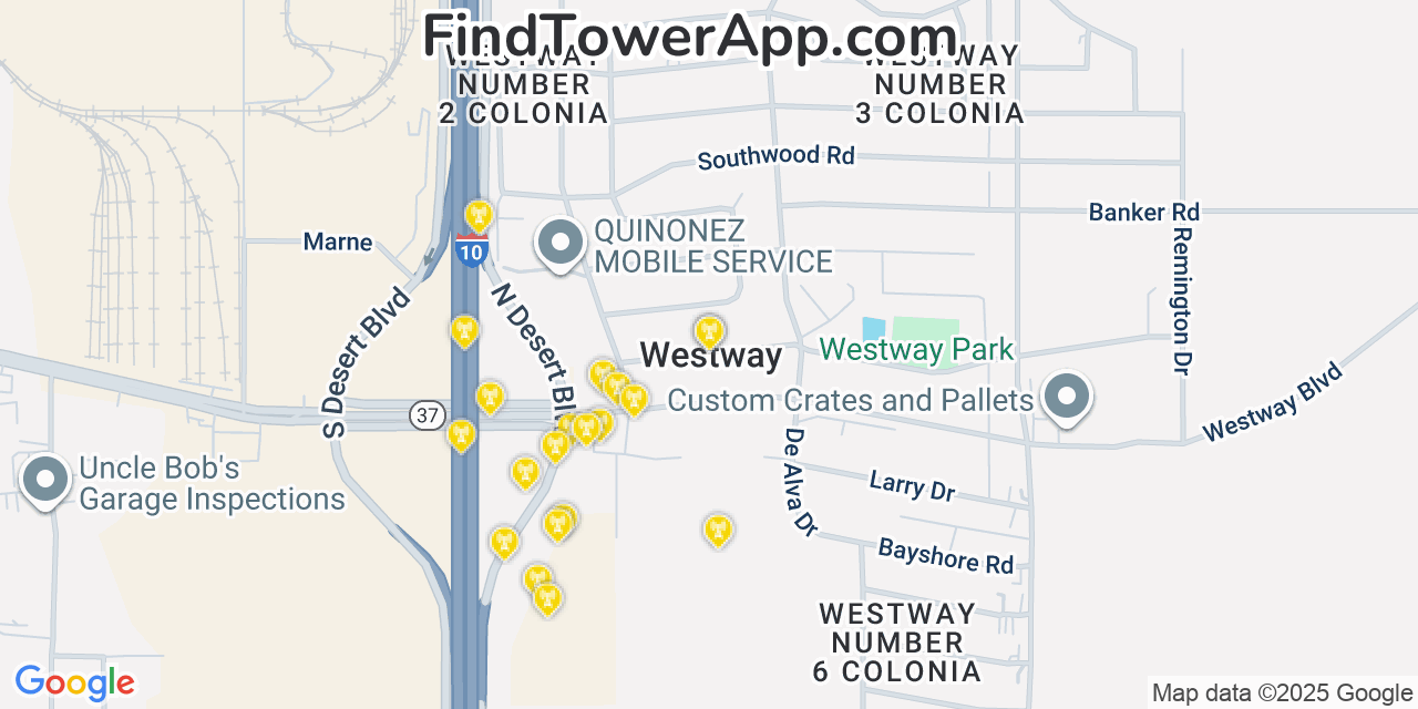 Map showing the 20 primary cell tower locations detected in Westway, Texas from AT&T, Verizon, and T-Mobile networks
