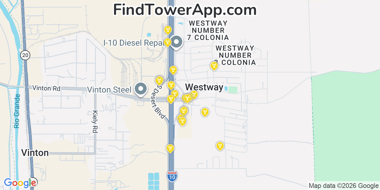 Map showing the 20 primary cell tower locations detected in Westway, Texas from AT&T, Verizon, and T-Mobile networks