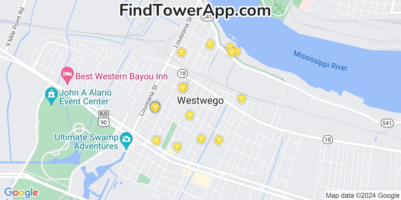 AT&T 4G/5G cell tower coverage map Westwego, Louisiana