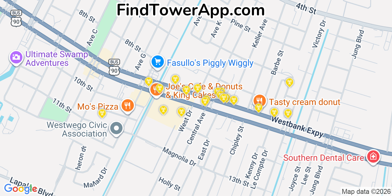 Map showing the 20 primary cell tower locations detected in Westwego, Louisiana from AT&T, Verizon, and T-Mobile networks