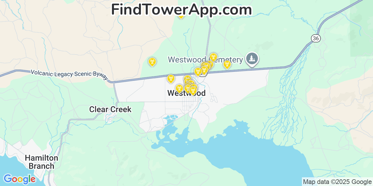 Map showing the 20 primary cell tower locations detected in Westwood, California from AT&T, Verizon, and T-Mobile networks