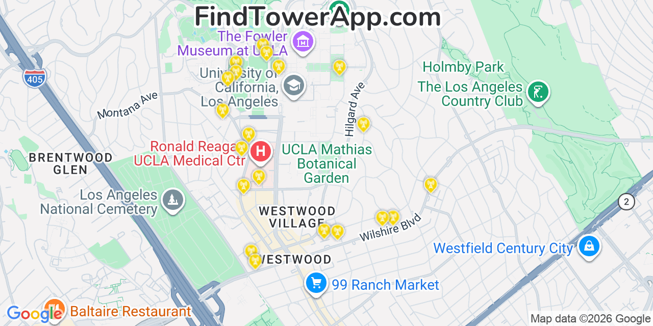 Map showing the 20 primary cell tower locations detected in Westwood, California from AT&T, Verizon, and T-Mobile networks