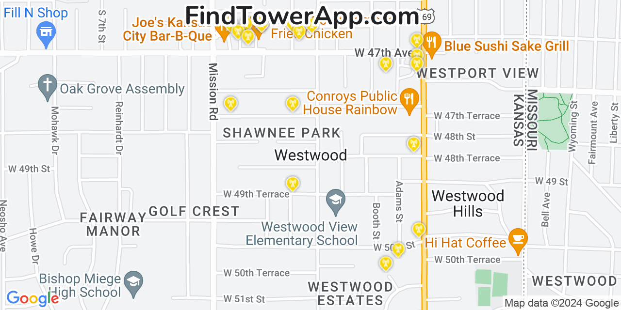 AT&T 4G/5G cell tower coverage map Westwood, Kansas