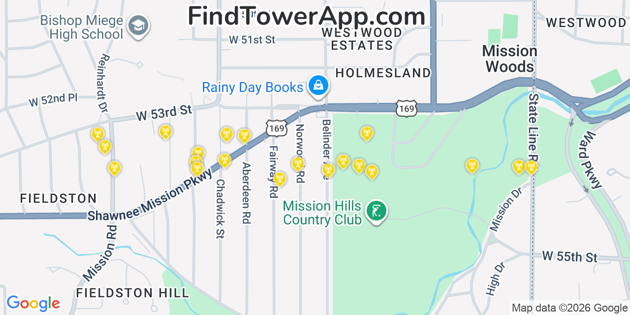 Map showing the 20 primary cell tower locations detected in Westwood, Kansas from AT&T, Verizon, and T-Mobile networks