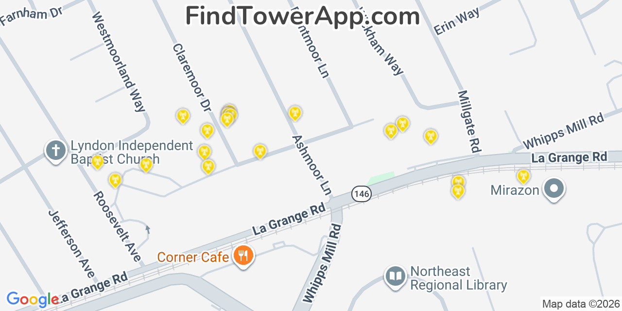 Map showing the 20 primary cell tower locations detected in Westwood, Kentucky from AT&T, Verizon, and T-Mobile networks