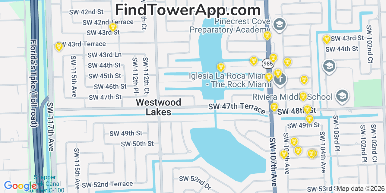 Map showing the 20 primary cell tower locations detected in Westwood Lake, Florida from AT&T, Verizon, and T-Mobile networks