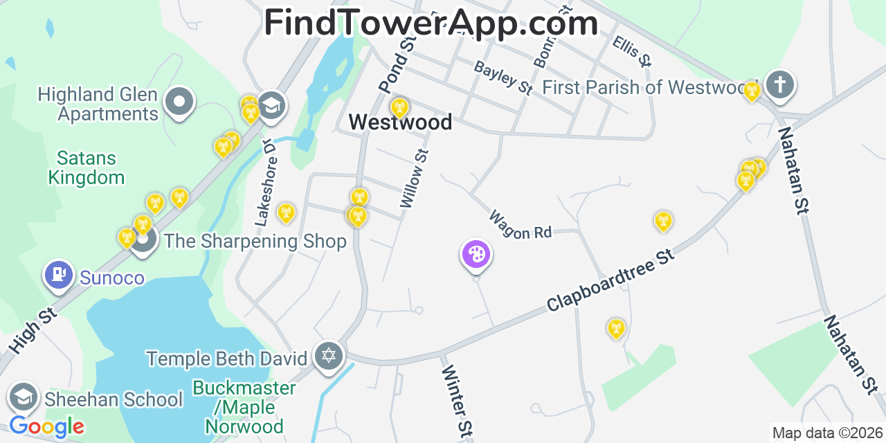 Map showing the 20 primary cell tower locations detected in Westwood, Massachusetts from AT&T, Verizon, and T-Mobile networks