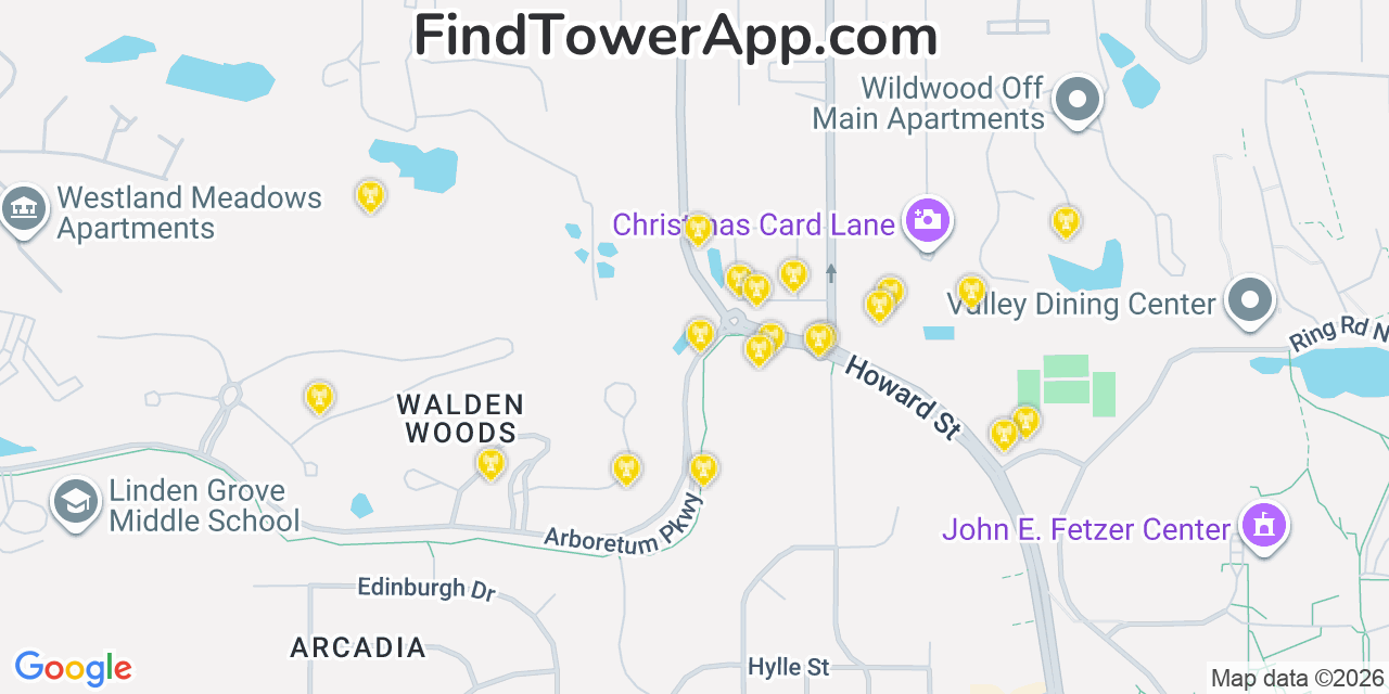 Map showing the 20 primary cell tower locations detected in Westwood, Michigan from AT&T, Verizon, and T-Mobile networks