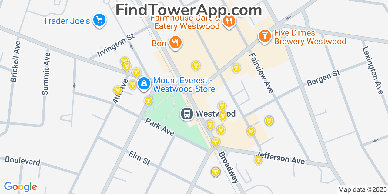 Map showing the 20 primary cell tower locations detected in Westwood, New Jersey from AT&T, Verizon, and T-Mobile networks