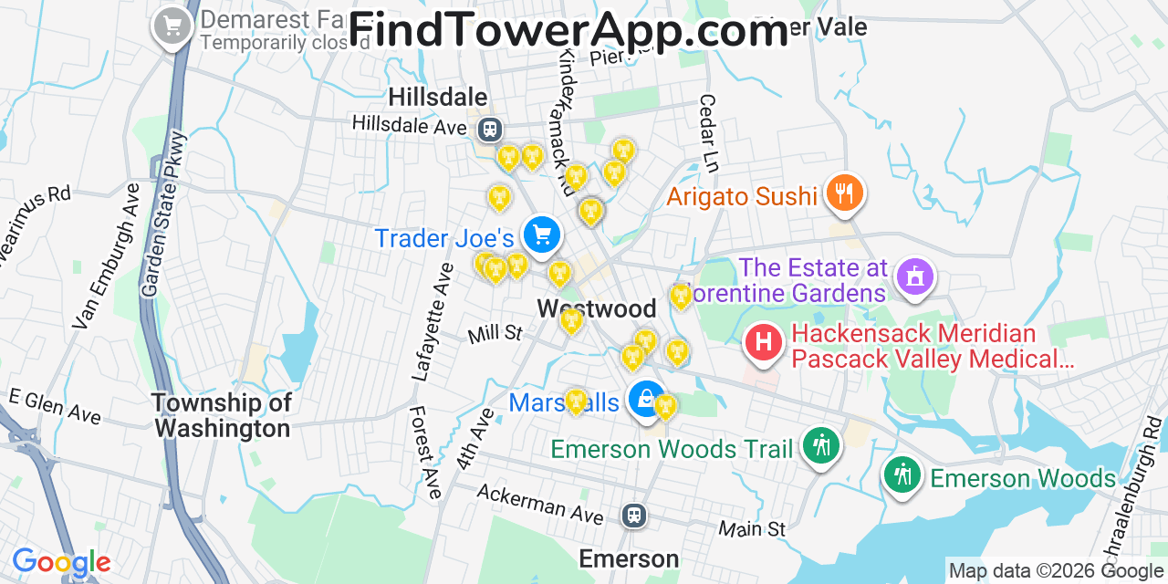 Map showing the 20 primary cell tower locations detected in Westwood, New Jersey from AT&T, Verizon, and T-Mobile networks