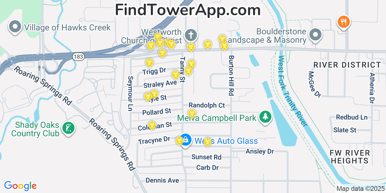 Map showing the 20 primary cell tower locations detected in Westworth, Texas from AT&T, Verizon, and T-Mobile networks