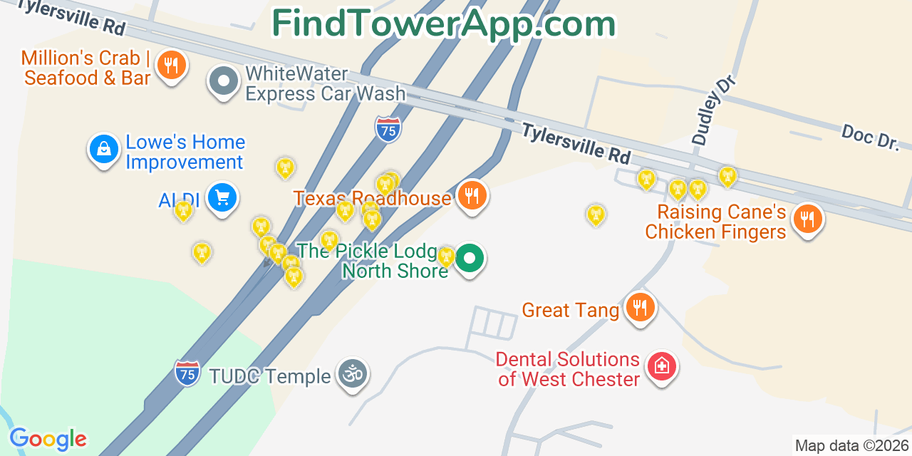 Map showing the 20 primary cell tower locations detected in Wetherington, Ohio from AT&T, Verizon, and T-Mobile networks