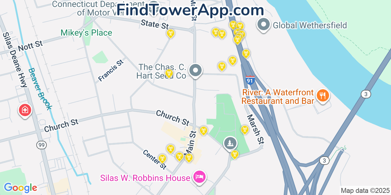 Map showing the 20 primary cell tower locations detected in Wethersfield, Connecticut from AT&T, Verizon, and T-Mobile networks