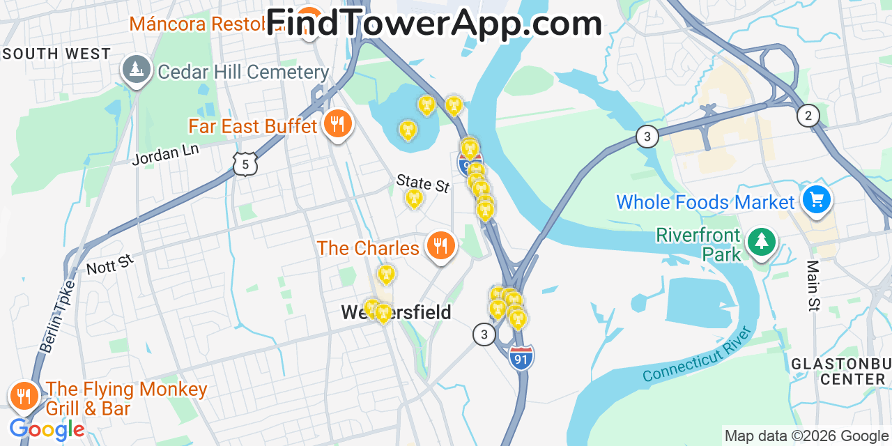 Map showing the 20 primary cell tower locations detected in Wethersfield, Connecticut from AT&T, Verizon, and T-Mobile networks