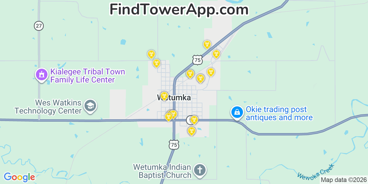 Map showing the 20 primary cell tower locations detected in Wetumka, Oklahoma from AT&T, Verizon, and T-Mobile networks
