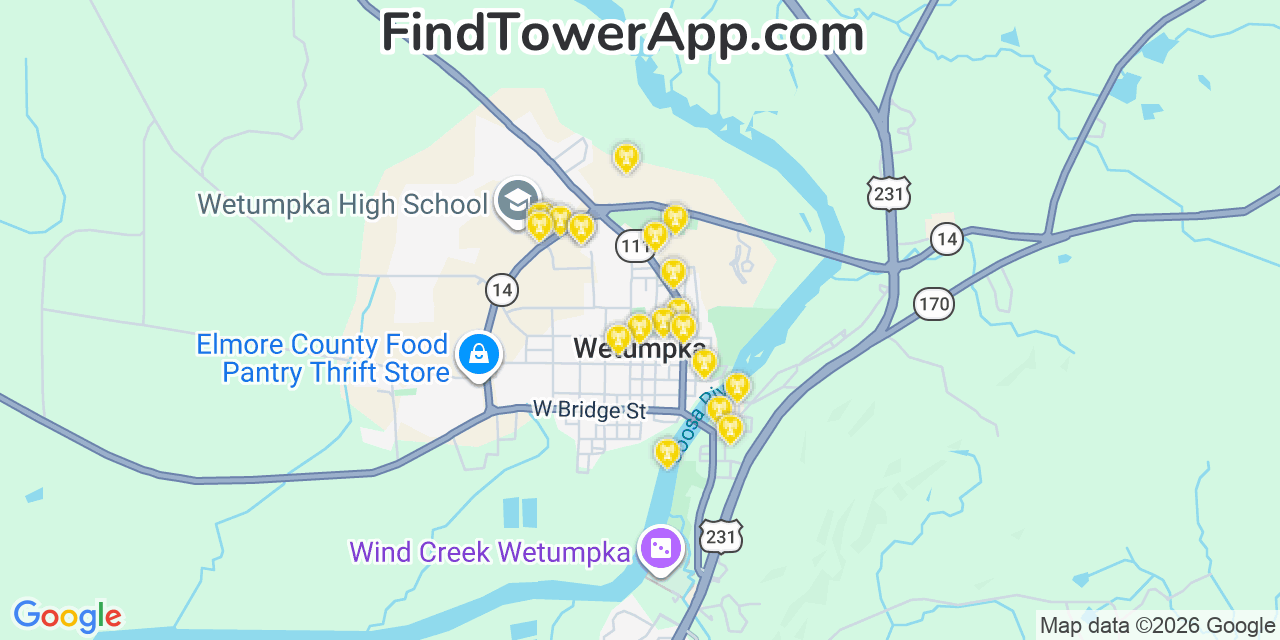 Map showing the 20 primary cell tower locations detected in Wetumpka, Alabama from AT&T, Verizon, and T-Mobile networks