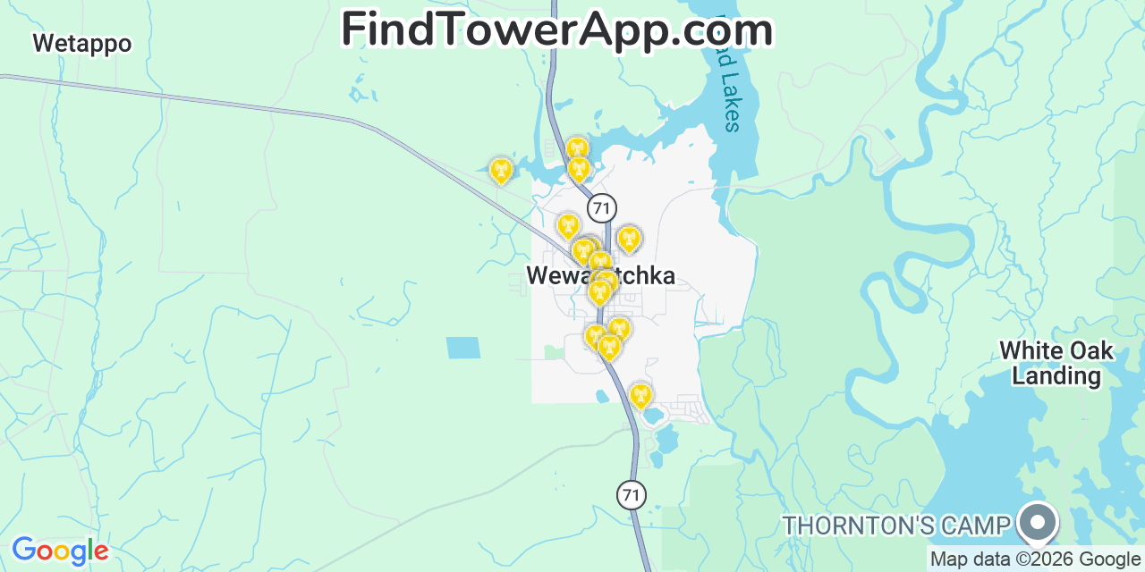 Map showing the 20 primary cell tower locations detected in Wewahitchka, Florida from AT&T, Verizon, and T-Mobile networks