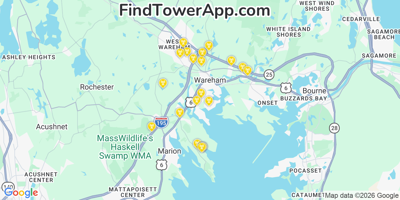 Map showing the 20 primary cell tower locations detected in Weweantic, Massachusetts from AT&T, Verizon, and T-Mobile networks