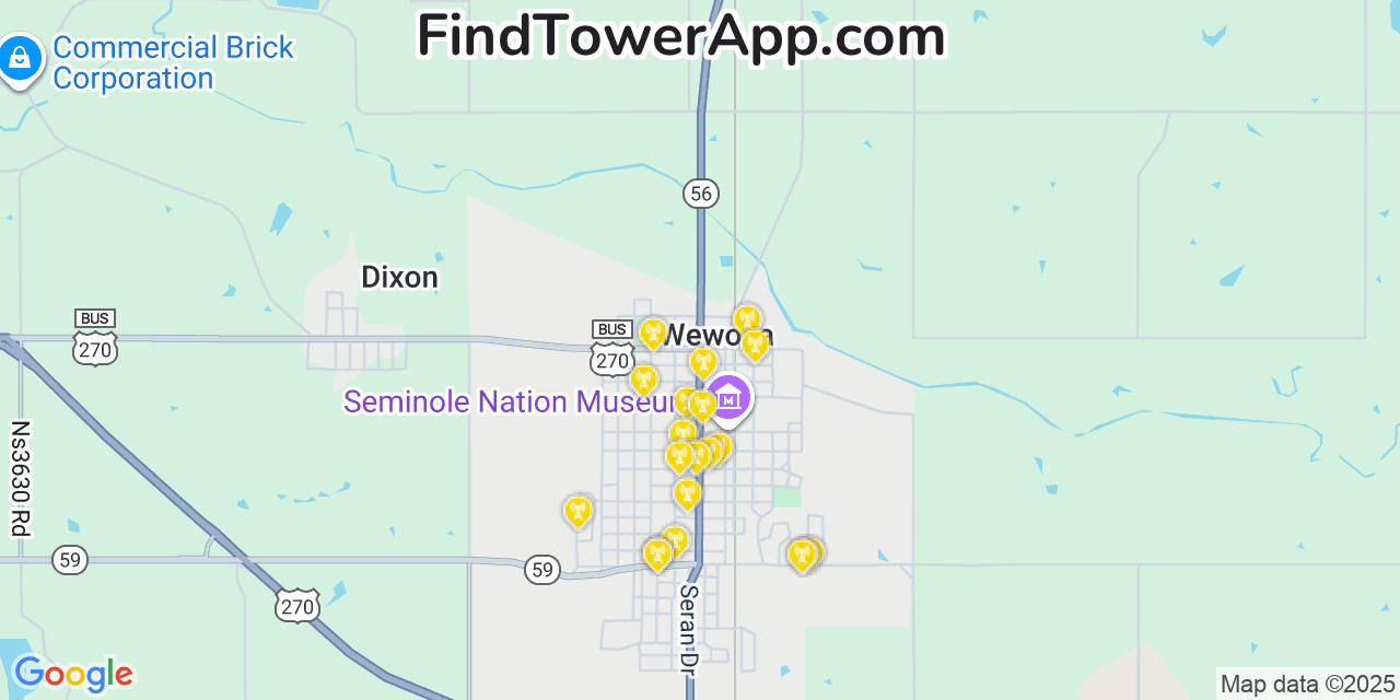 Map showing the 20 primary cell tower locations detected in Wewoka, Oklahoma from AT&T, Verizon, and T-Mobile networks