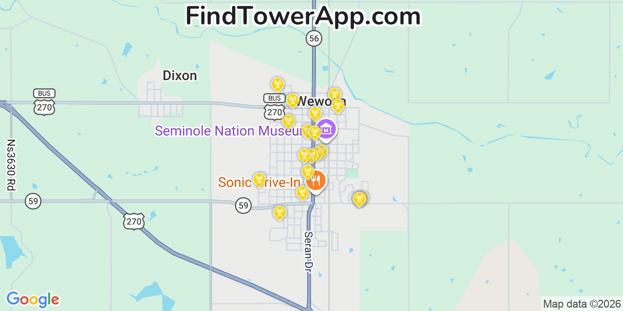 Map showing the 20 primary cell tower locations detected in Wewoka, Oklahoma from AT&T, Verizon, and T-Mobile networks
