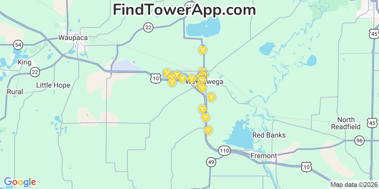 Map showing the 20 primary cell tower locations detected in Weyauwega, Wisconsin from AT&T, Verizon, and T-Mobile networks