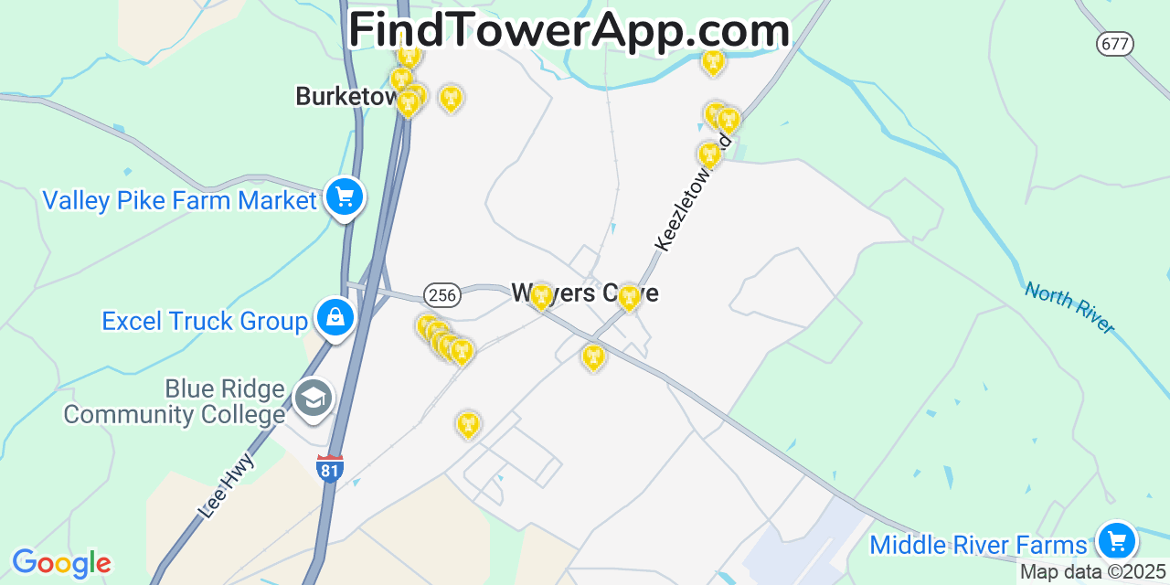 Map showing the 20 primary cell tower locations detected in Weyers Cave, Virginia from AT&T, Verizon, and T-Mobile networks