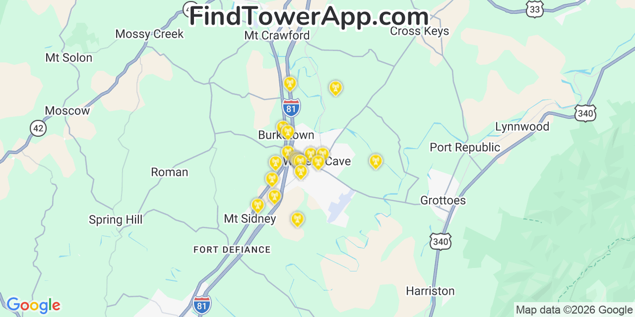 Map showing the 20 primary cell tower locations detected in Weyers Cave, Virginia from AT&T, Verizon, and T-Mobile networks