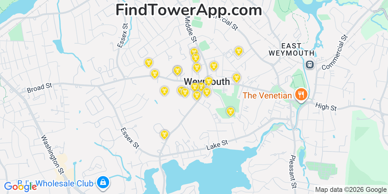 Map showing the 20 primary cell tower locations detected in Weymouth, Massachusetts from AT&T, Verizon, and T-Mobile networks