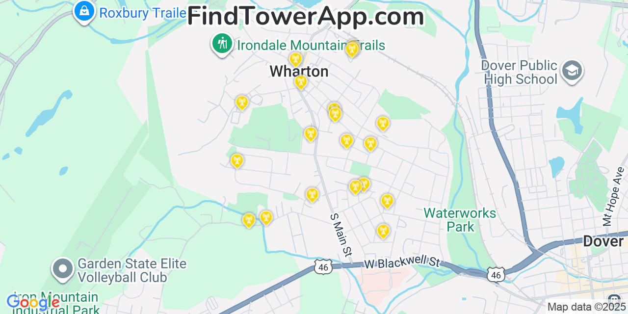 Map showing the 20 primary cell tower locations detected in Wharton, New Jersey from AT&T, Verizon, and T-Mobile networks