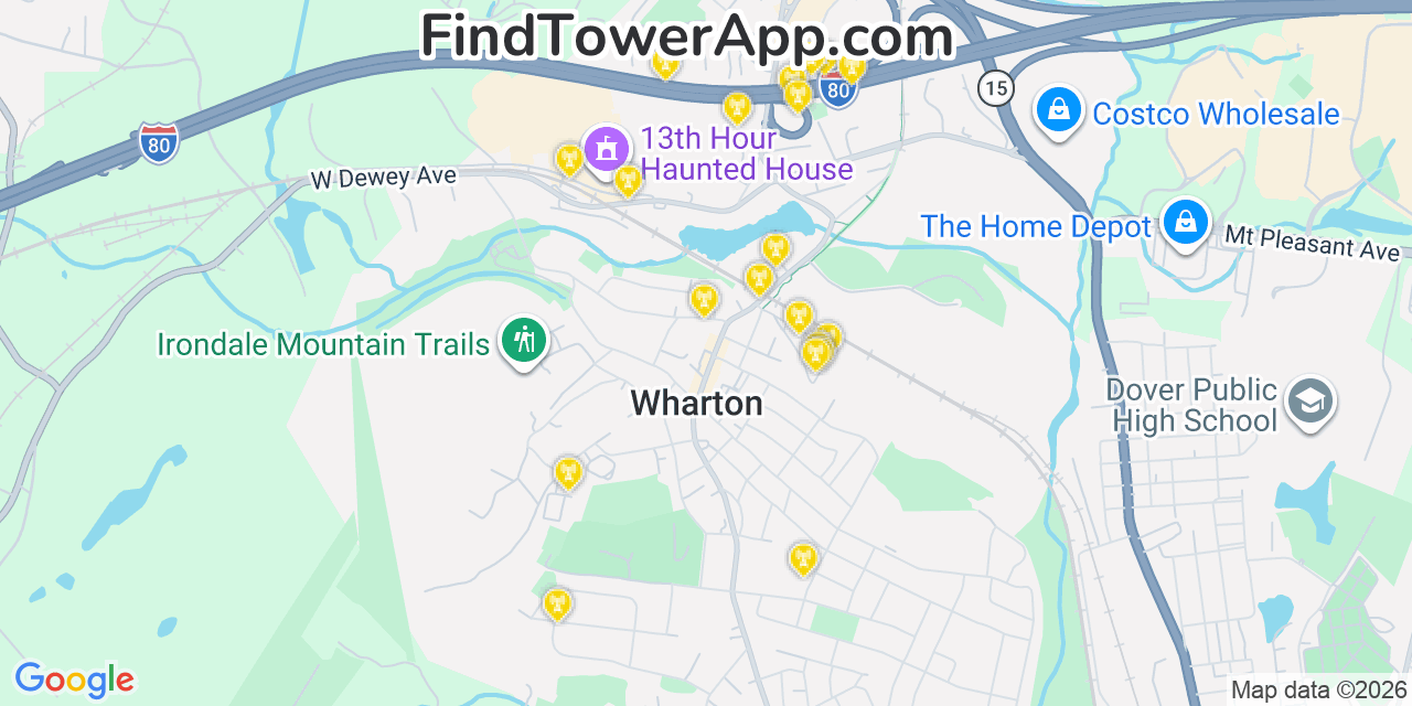 Map showing the 20 primary cell tower locations detected in Wharton, New Jersey from AT&T, Verizon, and T-Mobile networks
