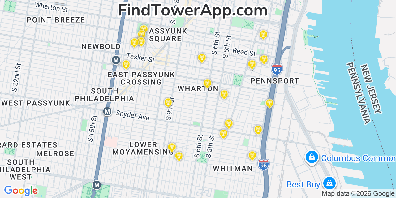 Map showing the 20 primary cell tower locations detected in Wharton, Pennsylvania from AT&T, Verizon, and T-Mobile networks