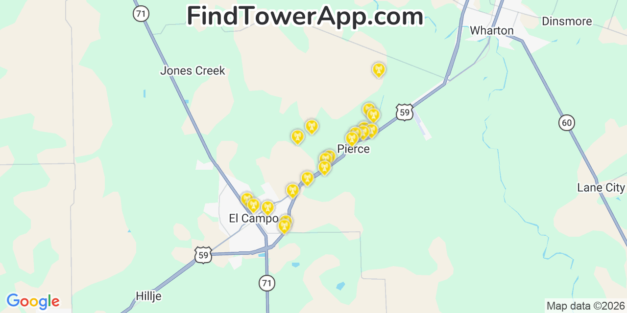 Map showing the 20 primary cell tower locations detected in Wharton, Texas from AT&T, Verizon, and T-Mobile networks