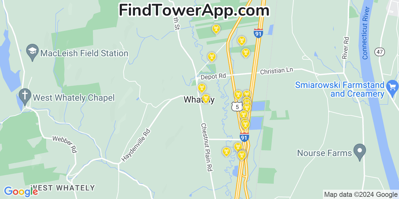 AT&T 4G/5G cell tower coverage map Whately, Massachusetts