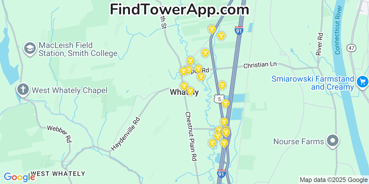 Map showing the 20 primary cell tower locations detected in Whately, Massachusetts from AT&T, Verizon, and T-Mobile networks