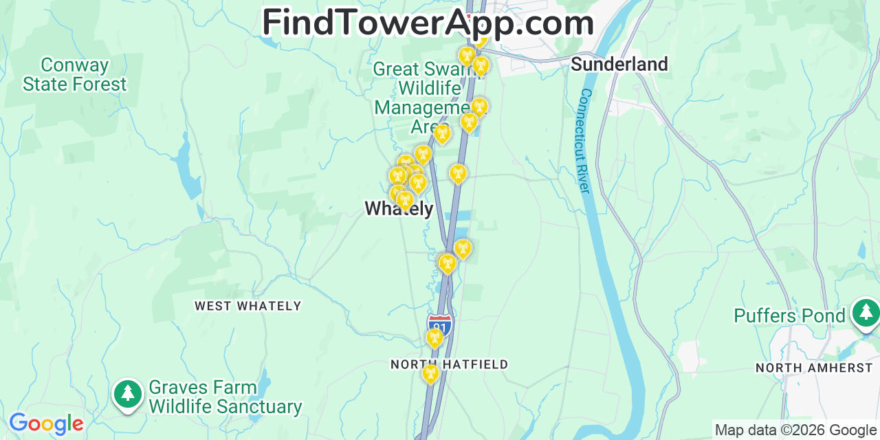 Map showing the 20 primary cell tower locations detected in Whately, Massachusetts from AT&T, Verizon, and T-Mobile networks