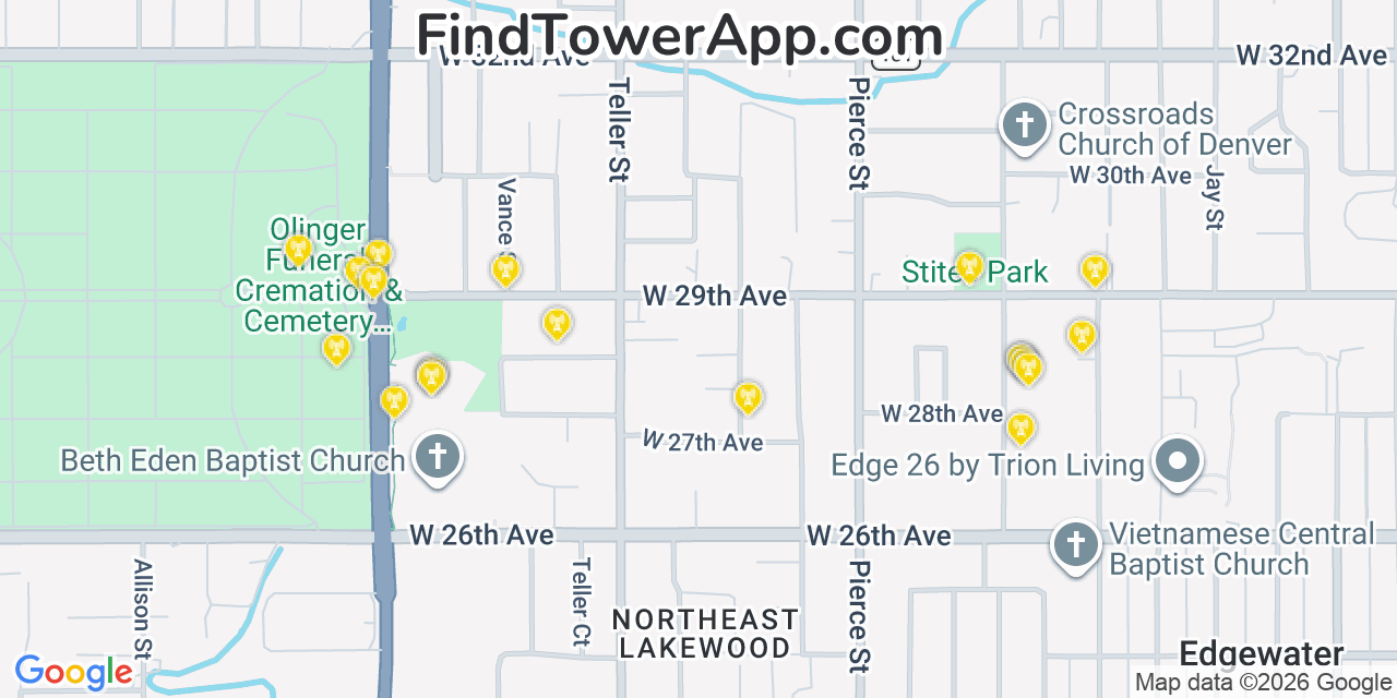 Map showing the 20 primary cell tower locations detected in Wheat Ridge, Colorado from AT&T, Verizon, and T-Mobile networks